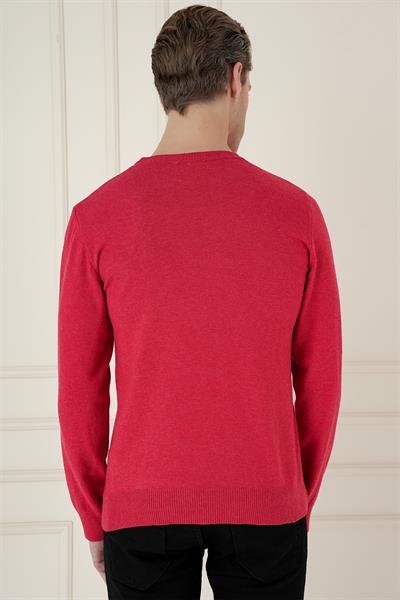 Slim Fit Ribanalı Düz Kırmızı Yünlü Bisiklet Yaka Triko Kazak TR 875