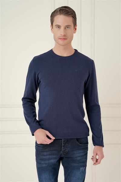 Slim Fit Ribanalı Düz Lacivert Yünlü Bisiklet Yaka Triko Kazak TR 875