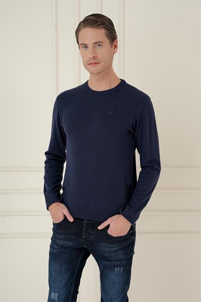 Slim Fit Ribanalı Düz Lacivert Yünlü Bisiklet Yaka Triko Kazak TR 875