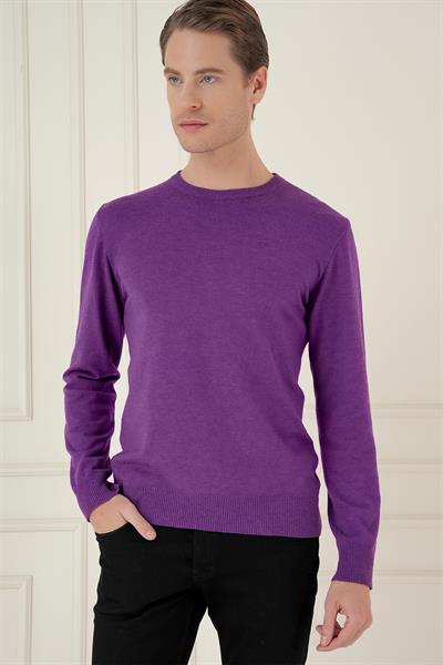 Slim Fit Ribanalı Düz Mor Yünlü Bisiklet Yaka Triko Kazak TR 875