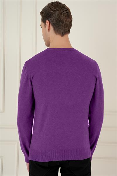 Slim Fit Ribanalı Düz Mor Yünlü Bisiklet Yaka Triko Kazak TR 875