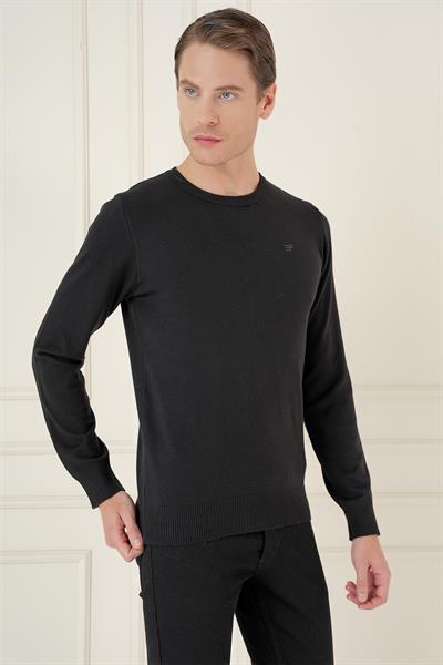Slim Fit Ribanalı Düz Siyah Yünlü Bisiklet Yaka Triko Kazak TR 875