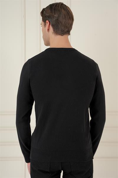 Slim Fit Ribanalı Düz Siyah Yünlü Bisiklet Yaka Triko Kazak TR 875