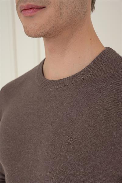 Slim Fit Ribanalı Düz Vizon Yünlü Bisiklet Yaka Triko Kazak TR 875