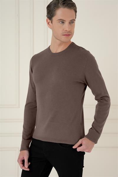 Slim Fit Ribanalı Düz Vizon Yünlü Bisiklet Yaka Triko Kazak TR 875