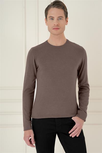 Slim Fit Ribanalı Düz Vizon Yünlü Bisiklet Yaka Triko Kazak TR 875