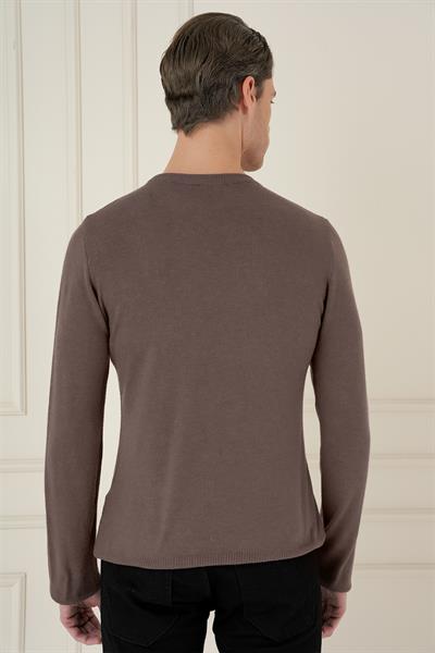 Slim Fit Ribanalı Düz Vizon Yünlü Bisiklet Yaka Triko Kazak TR 875