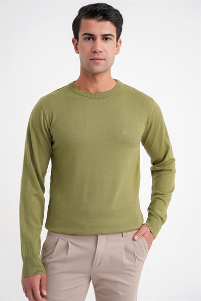 Slim Fit Ribanalı Düz Haki Yünlü Bisiklet Yaka Triko Kazak TR 875