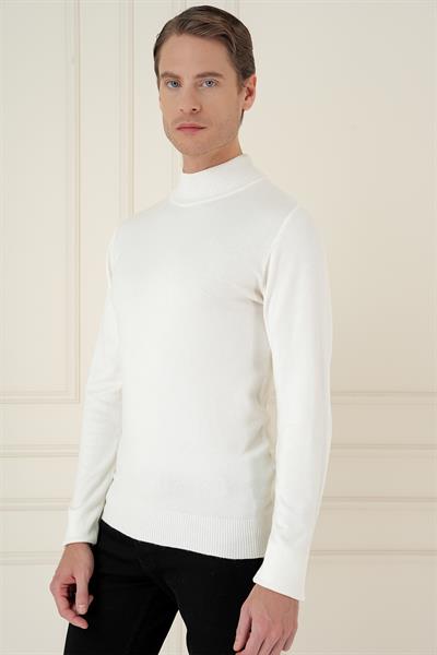 Slim Fit Ribanalı Düz Ekru Yünlü Yarım Balıkçı Triko Kazak TR 876