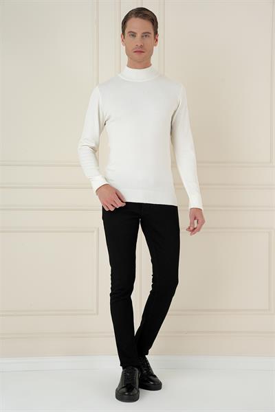 Slim Fit Ribanalı Düz Ekru Yünlü Yarım Balıkçı Triko Kazak TR 876
