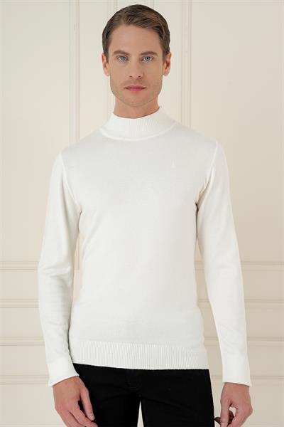Slim Fit Ribanalı Düz Ekru Yünlü Yarım Balıkçı Triko Kazak TR 876
