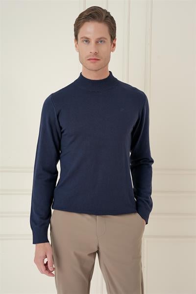 Slim Fit Ribanalı Düz Lacivert Yünlü Yarım Balıkçı Triko Kazak TR 876