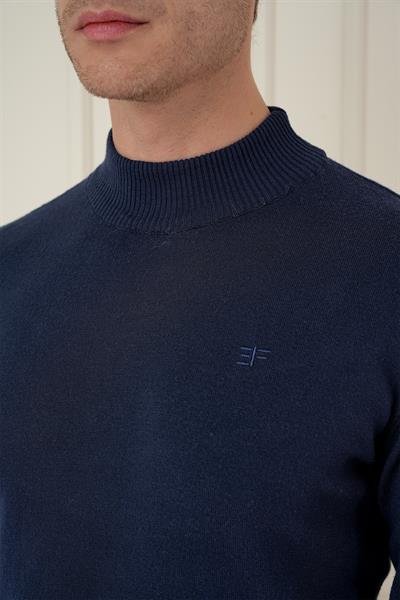 Slim Fit Ribanalı Düz Lacivert Yünlü Yarım Balıkçı Triko Kazak TR 876