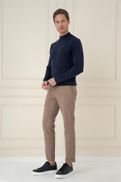 Slim Fit Ribanalı Düz Lacivert Yünlü Yarım Balıkçı Triko Kazak TR 876
