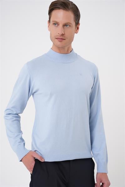 Slim Fit Ribanalı Düz Mavi Yünlü Yarım Balıkçı Triko Kazak TR 876