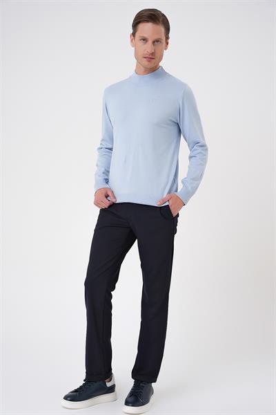 Slim Fit Ribanalı Düz Mavi Yünlü Yarım Balıkçı Triko Kazak TR 876