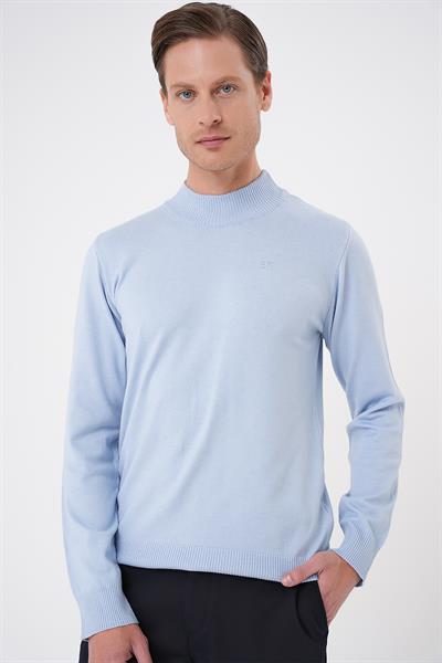 Slim Fit Ribanalı Düz Mavi Yünlü Yarım Balıkçı Triko Kazak TR 876