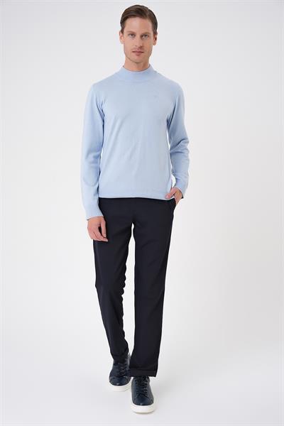 Slim Fit Ribanalı Düz Mavi Yünlü Yarım Balıkçı Triko Kazak TR 876