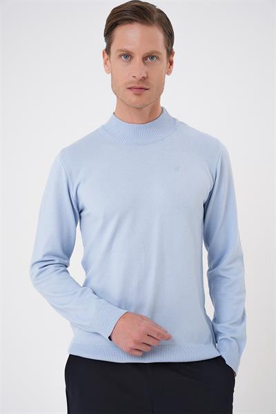 Slim Fit Ribanalı Düz Mavi Yünlü Yarım Balıkçı Triko Kazak TR 876