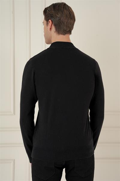 Slim Fit Ribanalı Düz Siyah Yünlü Yarım Balıkçı Triko Kazak TR 876