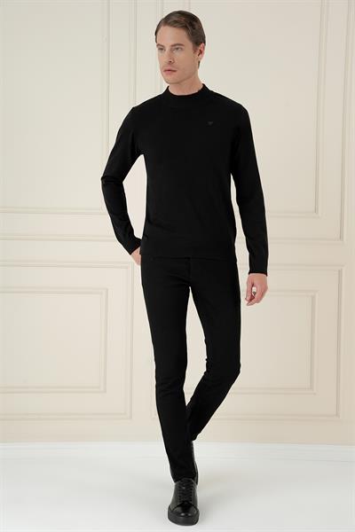 Slim Fit Ribanalı Düz Siyah Yünlü Yarım Balıkçı Triko Kazak TR 876