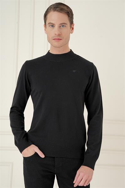 Slim Fit Ribanalı Düz Siyah Yünlü Yarım Balıkçı Triko Kazak TR 876