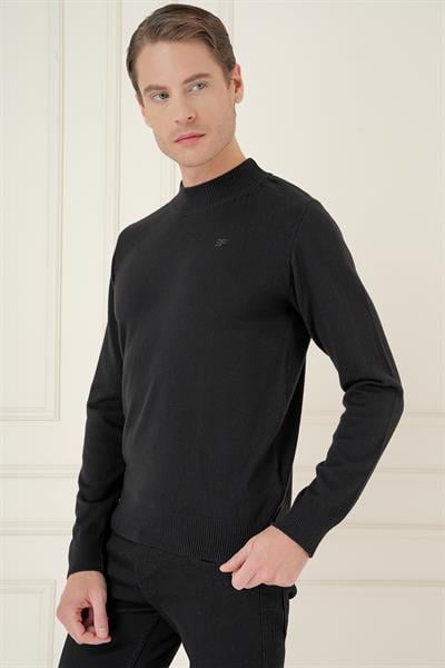 Slim Fit Ribanalı Düz Siyah Yünlü Yarım Balıkçı Triko Kazak TR 876