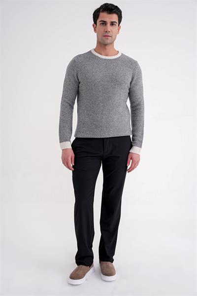 Slim Fit Renkli Ribanalı Ekru Gri Yünlü Bisiklet Yaka Triko Kazak TR 890