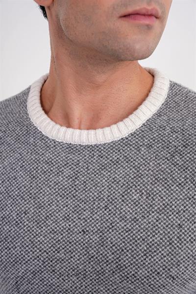 Slim Fit Renkli Ribanalı Ekru Gri Yünlü Bisiklet Yaka Triko Kazak TR 890