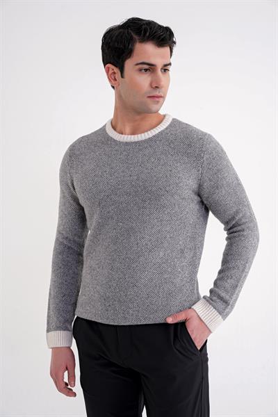 Slim Fit Renkli Ribanalı Ekru Gri Yünlü Bisiklet Yaka Triko Kazak TR 890