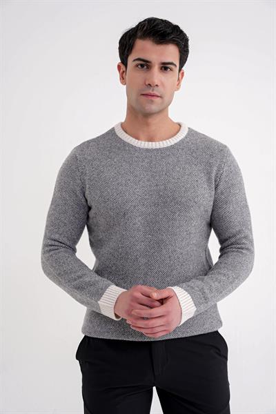 Slim Fit Renkli Ribanalı Ekru Gri Yünlü Bisiklet Yaka Triko Kazak TR 890