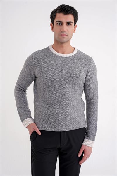 Slim Fit Renkli Ribanalı Ekru Gri Yünlü Bisiklet Yaka Triko Kazak TR 890