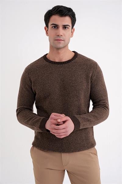 Slim Fit Renkli Ribanalı Kahverengi Vizon Yünlü Bisiklet Yaka Triko Kazak TR 890