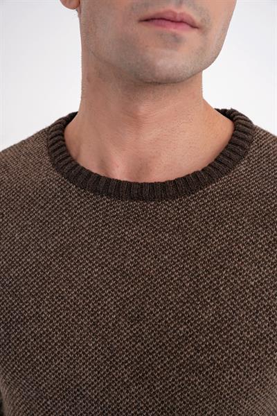 Slim Fit Renkli Ribanalı Kahverengi Vizon Yünlü Bisiklet Yaka Triko Kazak TR 890