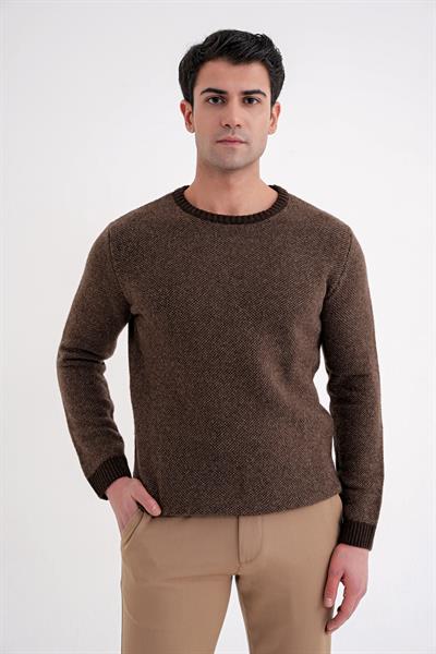 Slim Fit Renkli Ribanalı Kahverengi Vizon Yünlü Bisiklet Yaka Triko Kazak TR 890