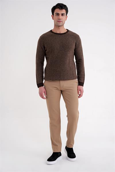 Slim Fit Renkli Ribanalı Kahverengi Vizon Yünlü Bisiklet Yaka Triko Kazak TR 890