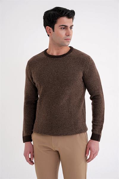 Slim Fit Renkli Ribanalı Kahverengi Vizon Yünlü Bisiklet Yaka Triko Kazak TR 890