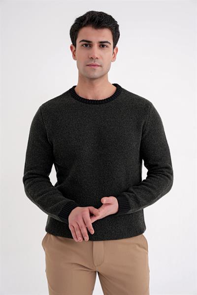 Slim Fit Renkli Ribanalı Siyah Haki Yünlü Bisiklet Yaka Triko Kazak TR 890