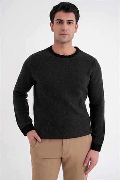 Slim Fit Renkli Ribanalı Siyah Haki Yünlü Bisiklet Yaka Triko Kazak TR 890