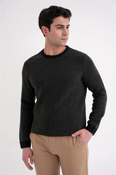 Slim Fit Renkli Ribanalı Siyah Haki Yünlü Bisiklet Yaka Triko Kazak TR 890