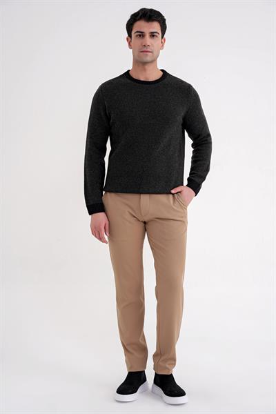 Slim Fit Renkli Ribanalı Siyah Haki Yünlü Bisiklet Yaka Triko Kazak TR 890