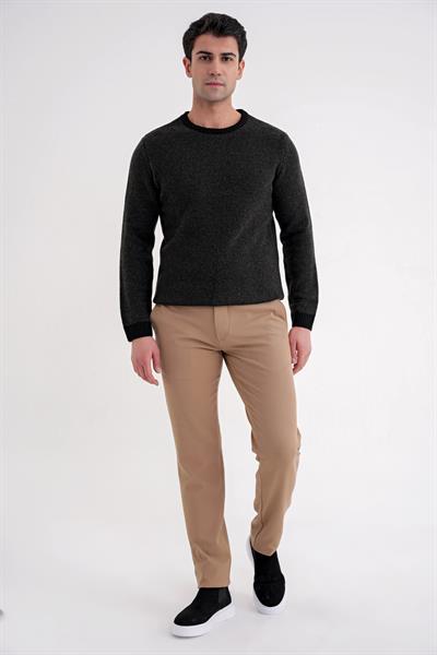 Slim Fit Renkli Ribanalı Siyah Haki Yünlü Bisiklet Yaka Triko Kazak TR 890