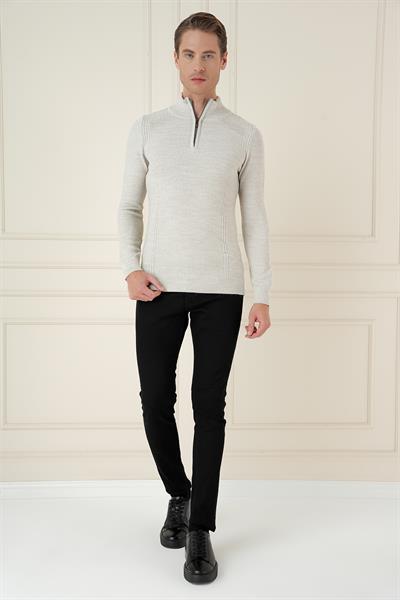 Slim Fit Dokuma Desenli Fermuarlı Yarım Balıkçı Yünlü Gri Triko Kazak TR 893