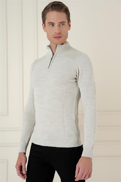 Slim Fit Dokuma Desenli Fermuarlı Yarım Balıkçı Yünlü Gri Triko Kazak TR 893