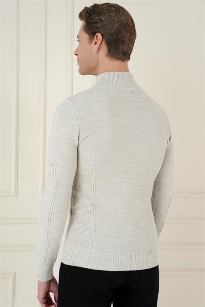 Slim Fit Dokuma Desenli Fermuarlı Yarım Balıkçı Yünlü Gri Triko Kazak TR 893