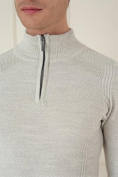 Slim Fit Dokuma Desenli Fermuarlı Yarım Balıkçı Yünlü Gri Triko Kazak TR 893