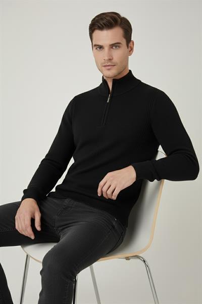 Slim Fit Dokuma Desenli Fermuarlı Yarım Balıkçı Yünlü Siyah Triko Kazak TR 893