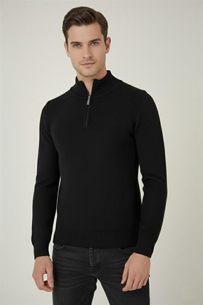 Slim Fit Dokuma Desenli Fermuarlı Yarım Balıkçı Yünlü Siyah Triko Kazak TR 893