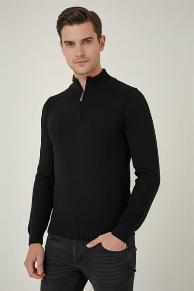 Slim Fit Dokuma Desenli Fermuarlı Yarım Balıkçı Yünlü Siyah Triko Kazak TR 893