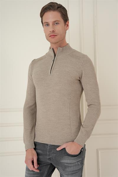 Slim Fit Dokuma Desenli Fermuarlı Yarım Balıkçı Yünlü Vizon Triko Kazak TR 893